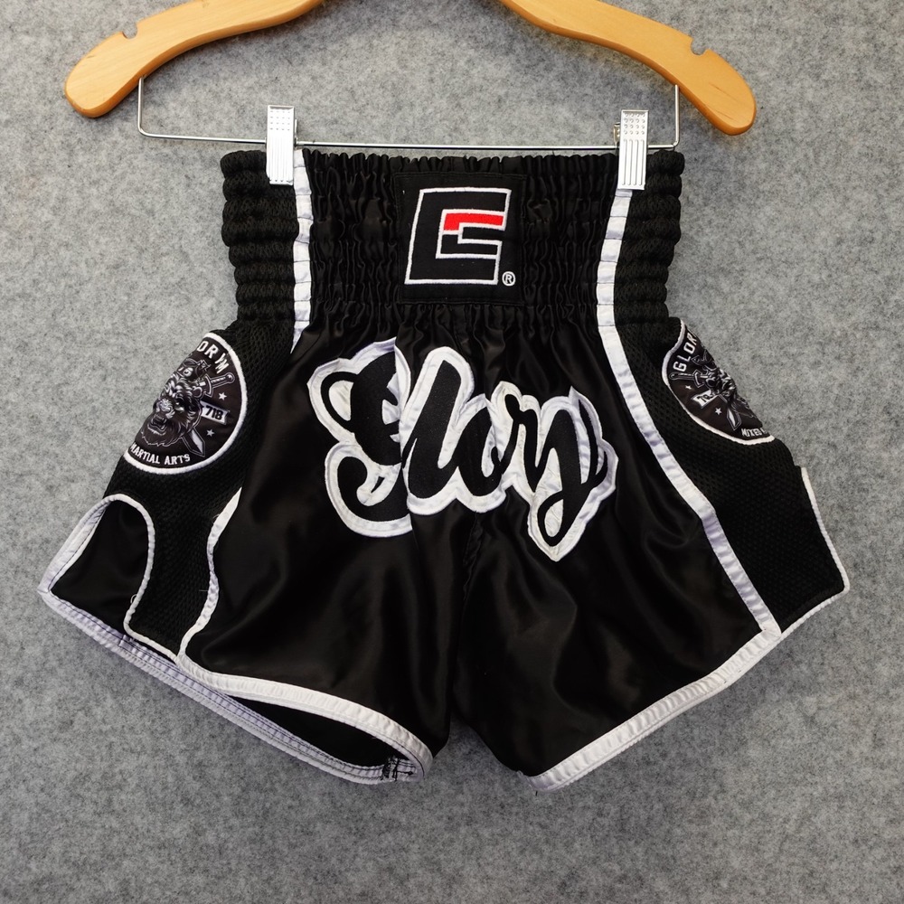 Muay Thai MMA Shorts S Black Satin Kickboxing Glory Gym Logo COMBAT CORNER‎ 21x3